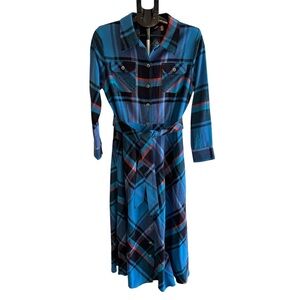 Soft Surroundings Scotia Blue Plaid Button-Up maxi shirt dress with belt size PL
